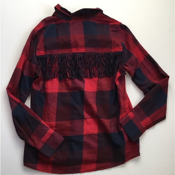 Zara Basic Blue & Red Plaid Fringe Button Top Shirt - Picture 3 of 6